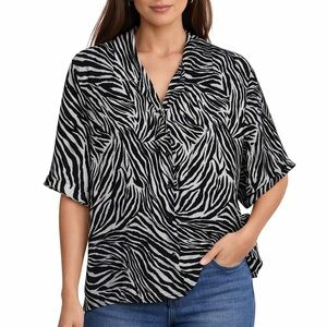 Allison Daley Petite Zebra Print Button Front Blouse Black White 12P